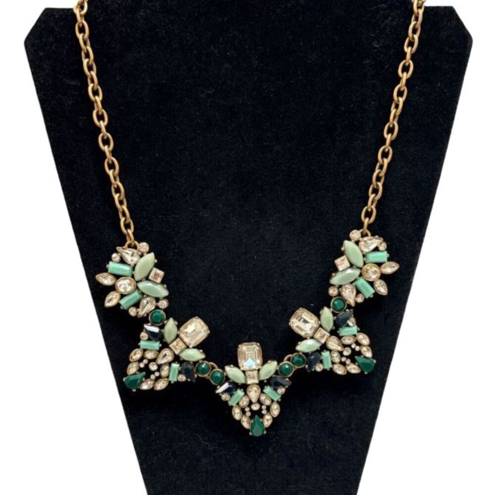 J.Crew Mint & Emerald Green Mosaic Crystal Chevron Statement Necklace Signed